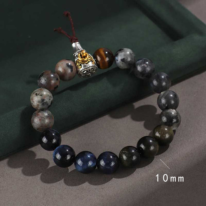Pulsera de protección de riqueza con seis palabras verdaderas, obsidiana, piedra de lava, ojo de tigre y ónix negro con brillo dorado y Buddha Stones en plata de ley 925