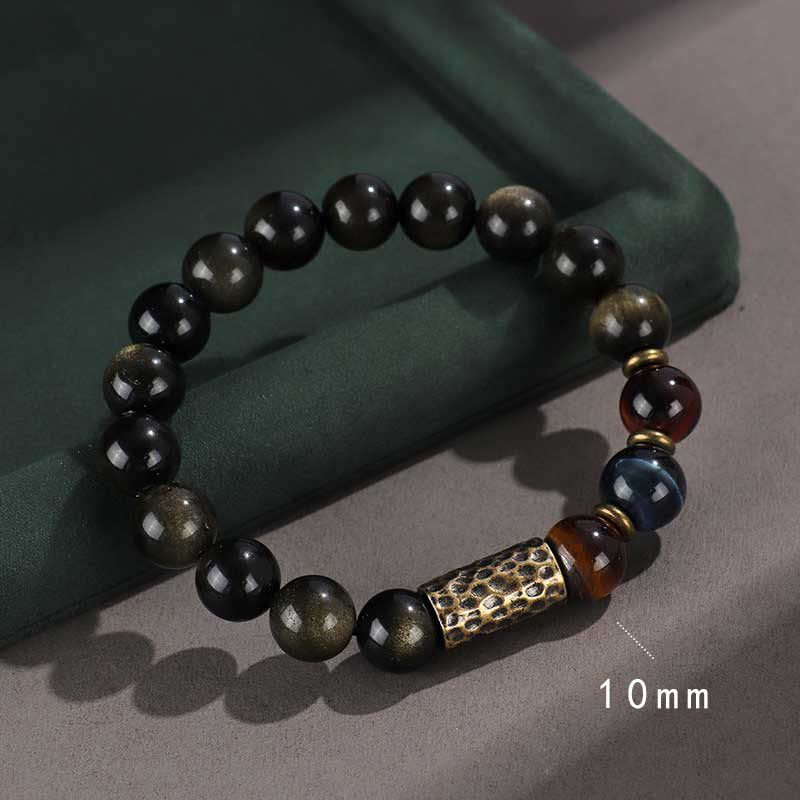 Pulsera de protección de riqueza con seis palabras verdaderas, obsidiana, piedra de lava, ojo de tigre y ónix negro con brillo dorado y Buddha Stones en plata de ley 925