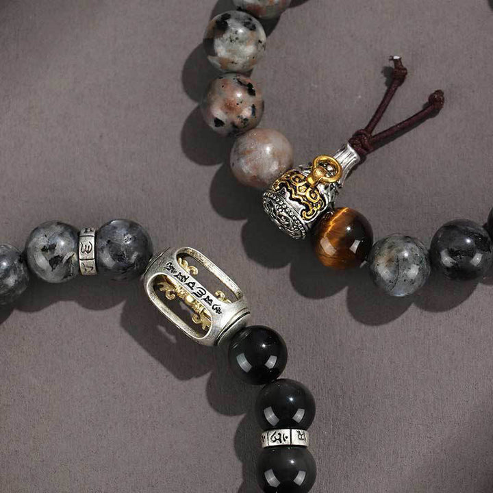 Pulsera de protección de riqueza con seis palabras verdaderas, obsidiana, piedra de lava, ojo de tigre y ónix negro con brillo dorado y Buddha Stones en plata de ley 925