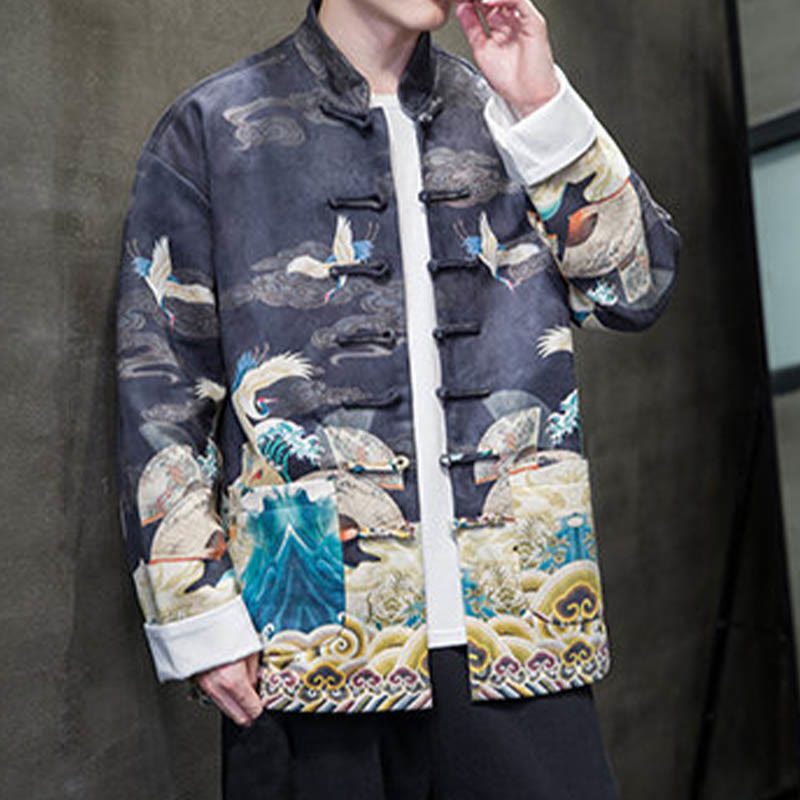 Chaqueta de gamuza de algodón para hombre, camisa larga con Buddha Stones , traje chino Tang, personaje de grulla - image 11