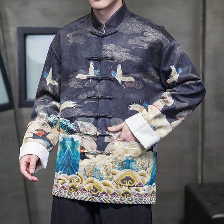 Chaqueta de gamuza de algodón para hombre, camisa larga con Buddha Stones , traje chino Tang, personaje de grulla - image 12