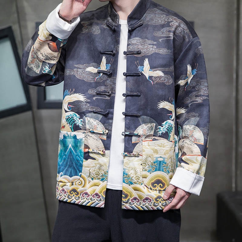 Chaqueta de gamuza de algodón para hombre, camisa larga con Buddha Stones , traje chino Tang, personaje de grulla - Azul medianoche - US/UK/AU46, EU56 (5XL) - image 8