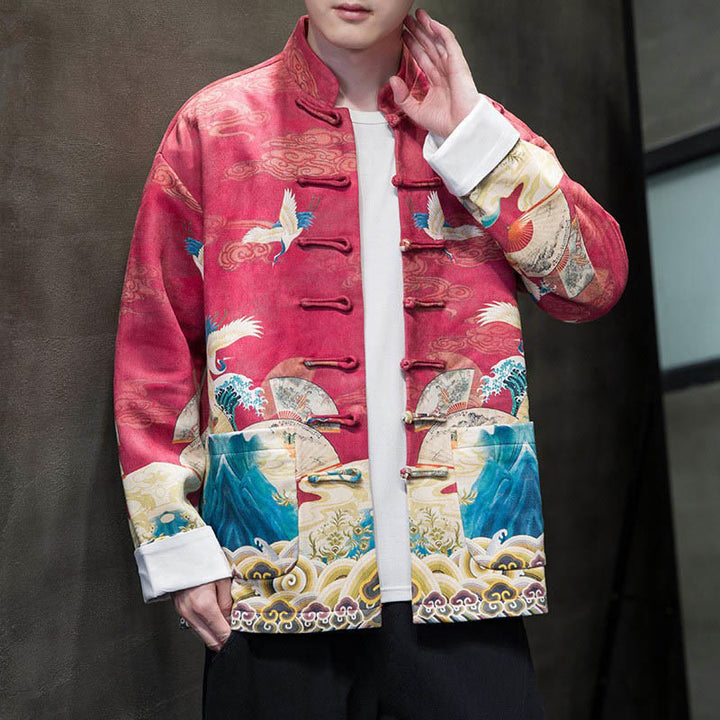 Chaqueta de gamuza de algodón para hombre, camisa larga con Buddha Stones , traje chino Tang, personaje de grulla - Carmesí - US/UK/AU46, EU56 (5XL) - image 16