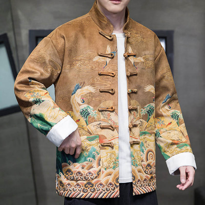 Chaqueta de gamuza de algodón para hombre, camisa larga con Buddha Stones , traje chino Tang, personaje de grulla - image 6