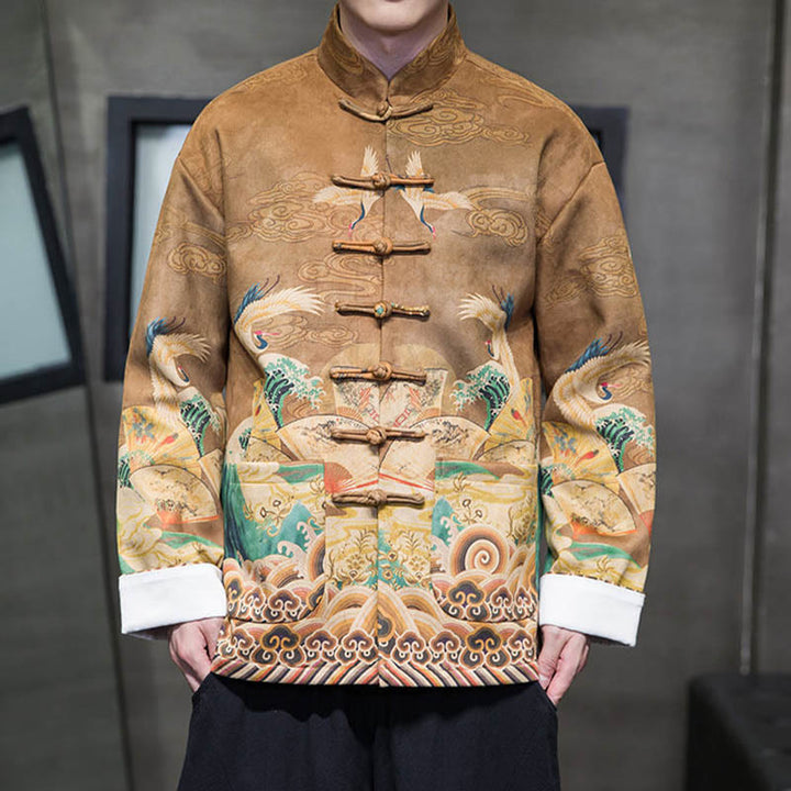 Chaqueta de gamuza de algodón para hombre, camisa larga con Buddha Stones , traje chino Tang, personaje de grulla - image 4