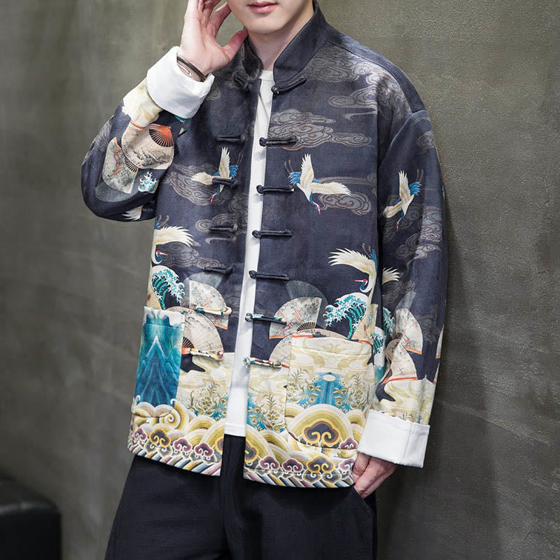 Chaqueta de gamuza de algodón para hombre, camisa larga con Buddha Stones , traje chino Tang, personaje de grulla - image 15