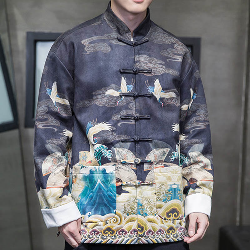 Chaqueta de gamuza de algodón para hombre, camisa larga con Buddha Stones , traje chino Tang, personaje de grulla - image 14