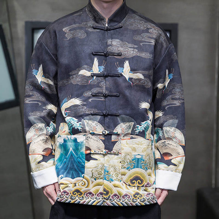 Chaqueta de gamuza de algodón para hombre, camisa larga con Buddha Stones , traje chino Tang, personaje de grulla - image 13
