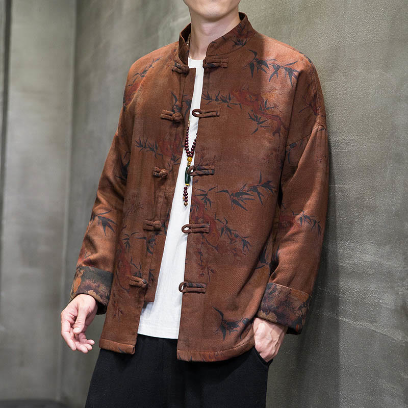 Camisa larga de algodón para hombre, chaqueta y traje chino con botones de rana y Buddha Stones - Vara de oro oscuro - US/UK/AU46, EU56 (5XL) - image 10