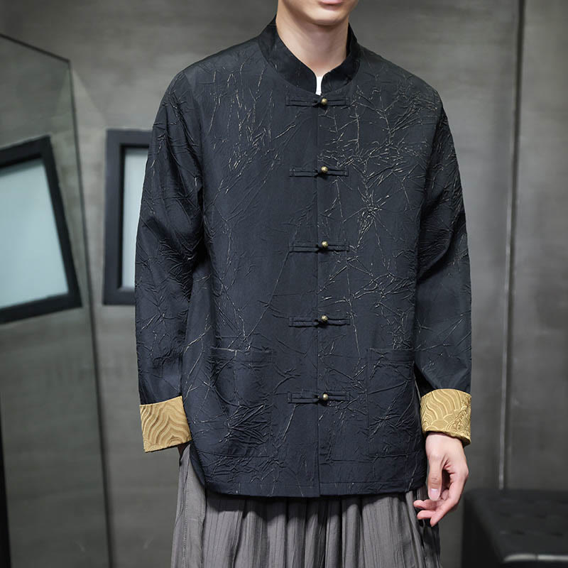 Traje Tang con Buddha Stones , informal, con botones de rana, manga larga, nailon, chaqueta, camisa, ropa para hombre - Negro - US/UK/AU46, EU56 (5XL) - image 1