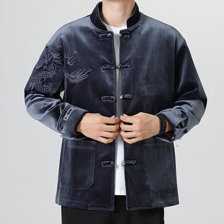 Chaqueta de algodón con botones de rana y dragón bordado con Buddha Stones para hombre - image 29