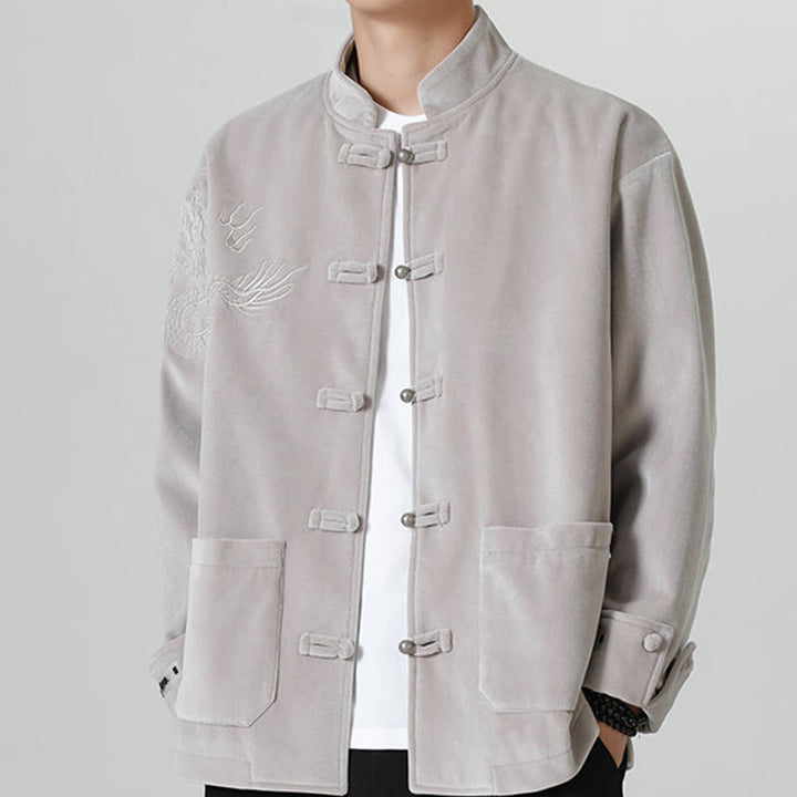 Chaqueta de algodón con botones de rana y dragón bordado con Buddha Stones para hombre - 	Plata - US/UK/AU46, EU56 (5XL) - image 10