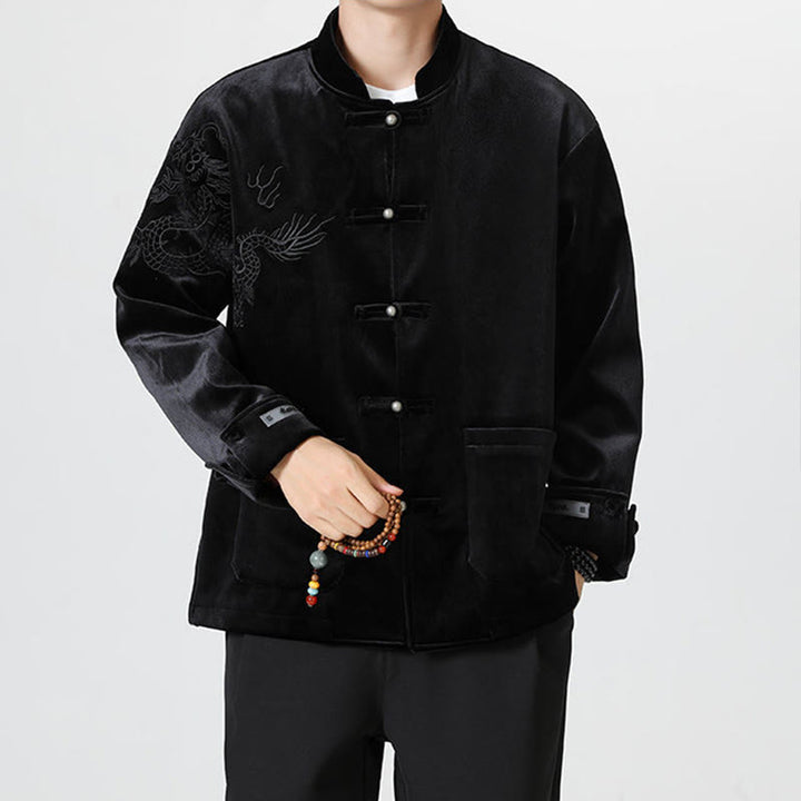 Chaqueta de algodón con botones de rana y dragón bordado con Buddha Stones para hombre - image 22