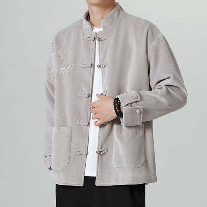 Chaqueta de algodón con botones de rana y dragón bordado con Buddha Stones para hombre - image 13