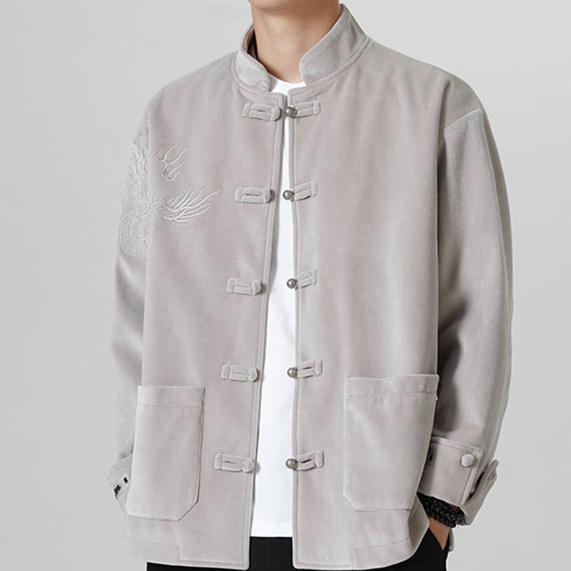 Chaqueta de algodón con botones de rana y dragón bordado con Buddha Stones para hombre - 	Plata - US/UK/AU46, EU56 (5XL) - image 10