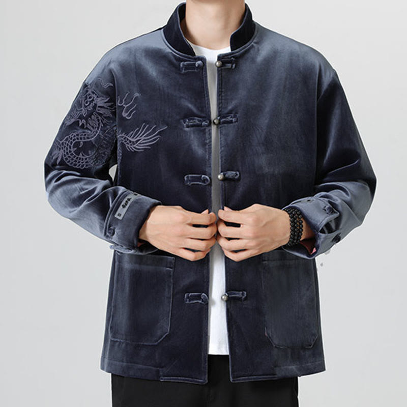 Chaqueta de algodón con botones de rana y dragón bordado con Buddha Stones para hombre - image 28