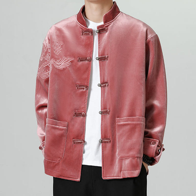 Chaqueta de algodón con botones de rana y dragón bordado con Buddha Stones para hombre - Ladrillo refractario - US/UK/AU46, EU56 (5XL) - image 0