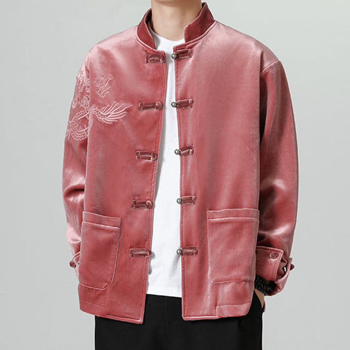 Chaqueta de algodón con botones de rana y dragón bordado con Buddha Stones para hombre - Ladrillo refractario - US/UK/AU46, EU56 (5XL) - image 0