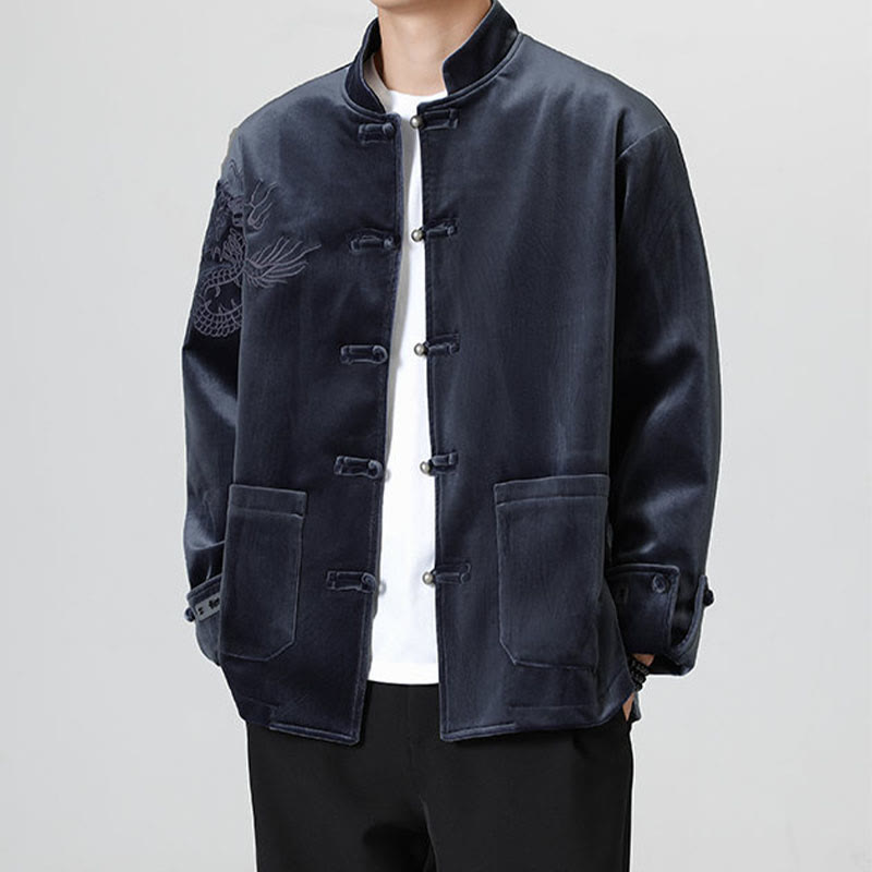 Chaqueta de algodón con botones de rana y dragón bordado con Buddha Stones para hombre - Azul medianoche - US/UK/AU46, EU56 (5XL) - image 25