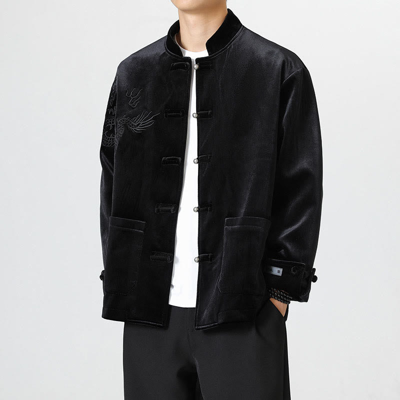 Chaqueta de algodón con botones de rana y dragón bordado con Buddha Stones para hombre - Negro - US/UK/AU46, EU56 (5XL) - image 18