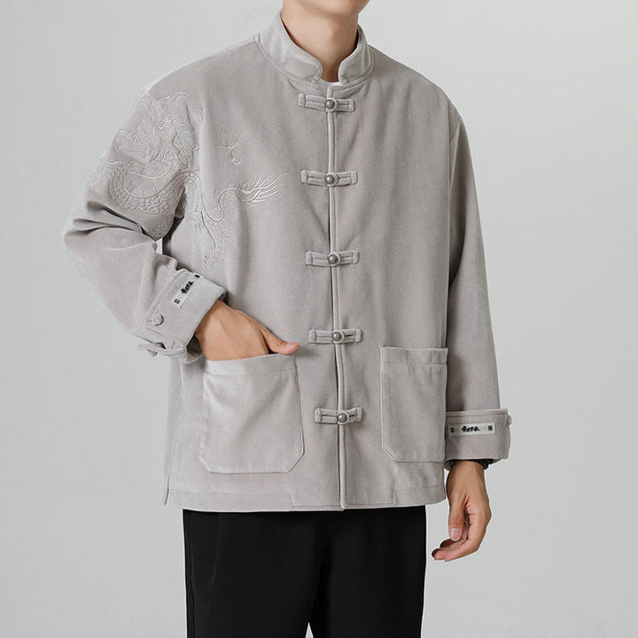 Chaqueta de algodón con botones de rana y dragón bordado con Buddha Stones para hombre - image 17