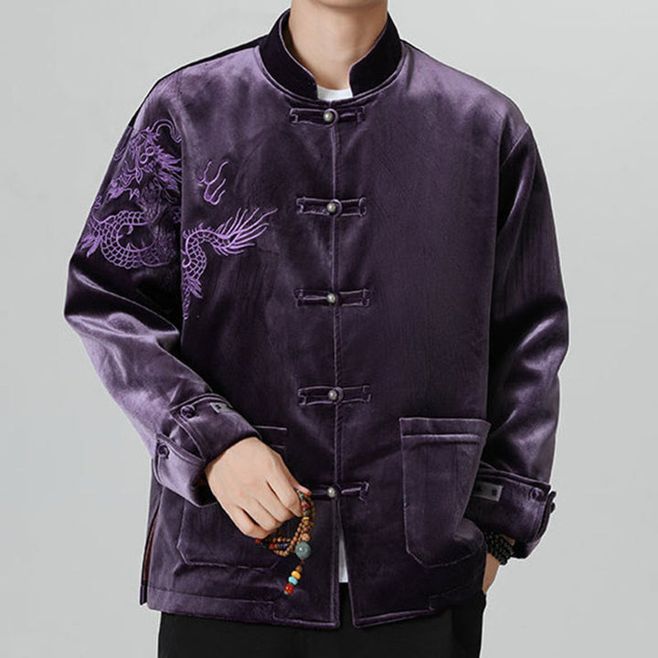 Chaqueta de algodón con botones de rana y dragón bordado con Buddha Stones para hombre - image 36