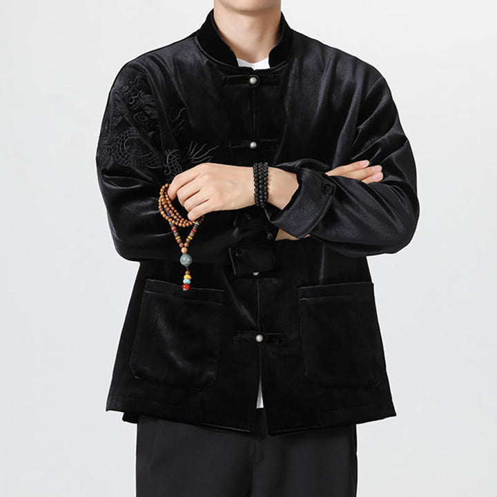 Chaqueta de algodón con botones de rana y dragón bordado con Buddha Stones para hombre - image 24