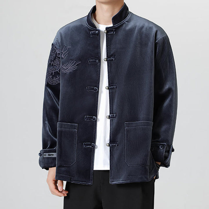 Chaqueta de algodón con botones de rana y dragón bordado con Buddha Stones para hombre - image 30