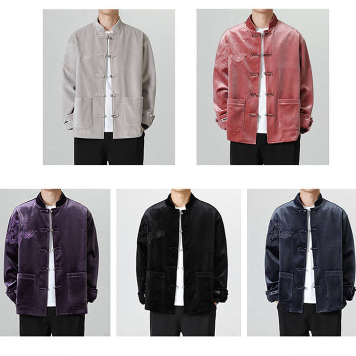 Chaqueta de algodón con botones de rana y dragón bordado con Buddha Stones para hombre - image 38