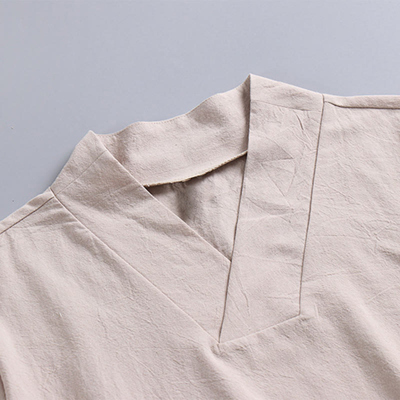 Camiseta de manga corta con cuello en V, transpirable, de algodón y lino, con estampado de Buddha Stones. - image 6
