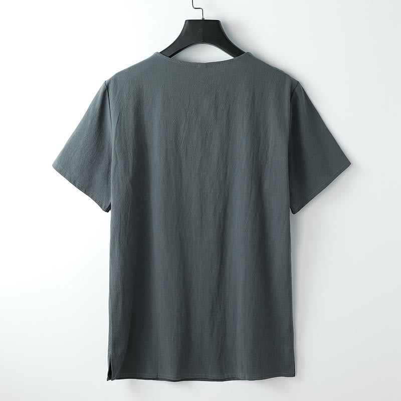 Camiseta de hombre Buddha Stones, color liso, manga corta, cuello en V y tres botones, de algodón suave - image 2