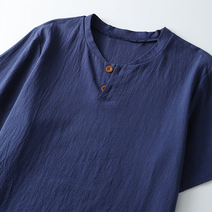Camiseta holgada de hombre con Buddha Stones, color liso, manga corta, cuello con muescas y botones, suave - image 4