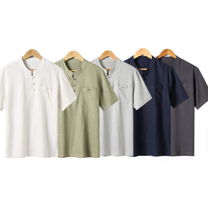 Camisa holgada de hombre con Buddha Stones , color liso, cuello con muescas, manga corta, cómoda, con botones, transpirable, de algodón y lino - image 16