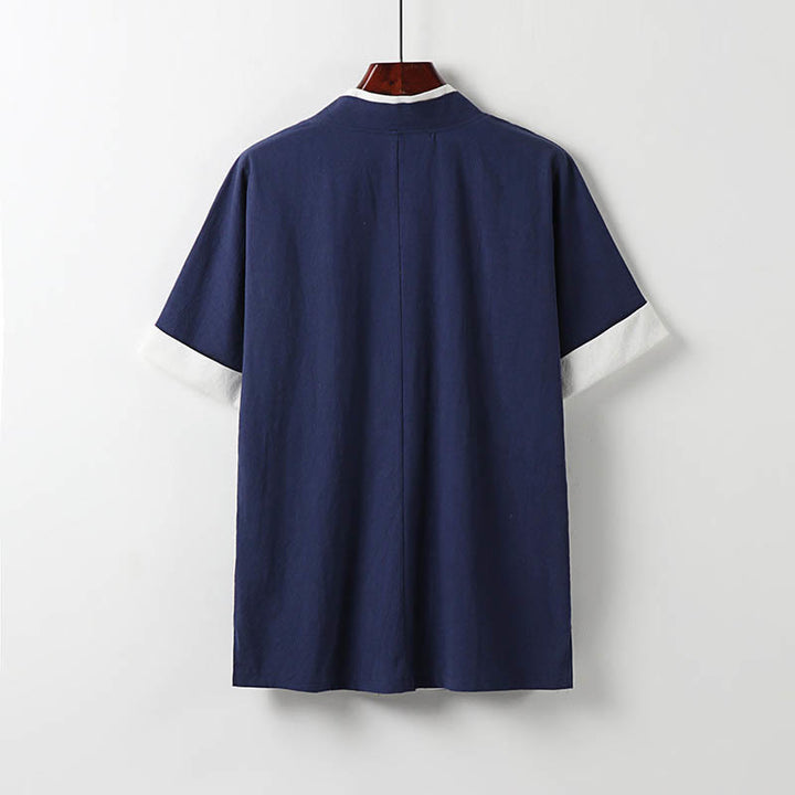 Camisa cómoda de algodón Hanfu con bordado de Buddha Stones de dos piezas para hombre, de media manga y falso cárdigan - image 3