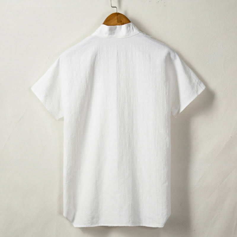 Camisa de manga corta para hombre Buddha Stones con bolsillo y cuello en V, cómoda, de algodón y lino. - image 3
