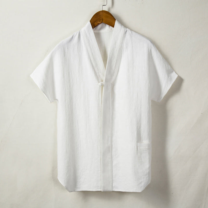 Camisa de manga corta para hombre con Buddha Stones y bolsillo, cuello con muescas, cárdigan, camisa cómoda de lino y algodón - image 2