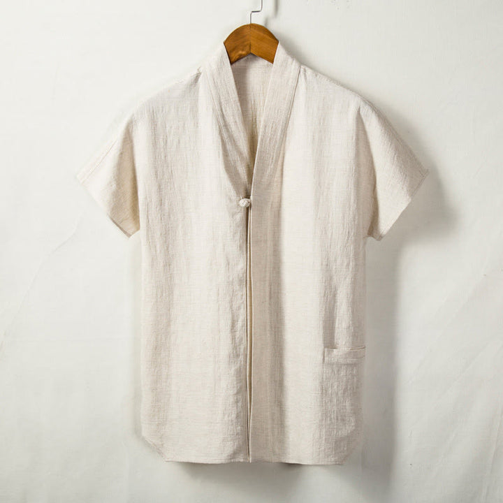 Camisa de manga corta para hombre Buddha Stones con bolsillo y cuello en V, cómoda, de algodón y lino. - image 0