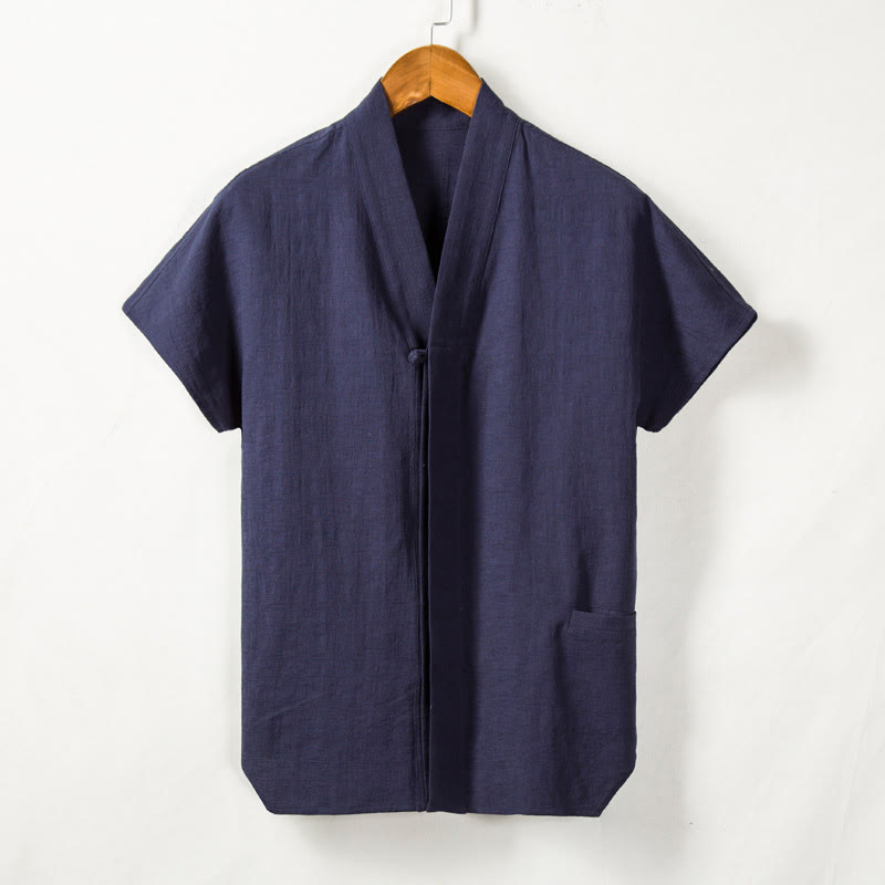 Camisa de manga corta para hombre Buddha Stones con bolsillo y cuello en V, cómoda, de algodón y lino. - image 6