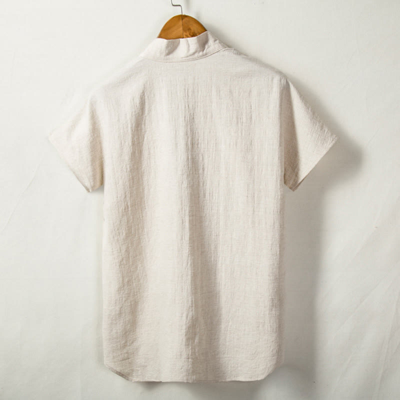 Camisa de manga corta para hombre con Buddha Stones y bolsillo, cuello con muescas, cárdigan, camisa cómoda de lino y algodón - image 1