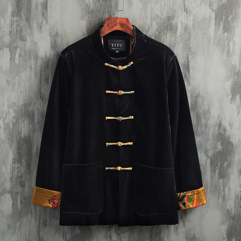 Traje Tang con Buddha Stones , cuello redondo, botones de rana, chaqueta de algodón para hombre, camisa, ropa - Botón amarillo - US/UK/AU42, EU52 (3XL) - image 0