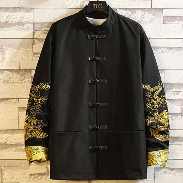 Chaqueta de algodón con botones de rana para hombre, informal, con bordado de Buddha Stones , dragón y fénix - Negro - US/UK/AU46, EU56 (5XL) - image 0