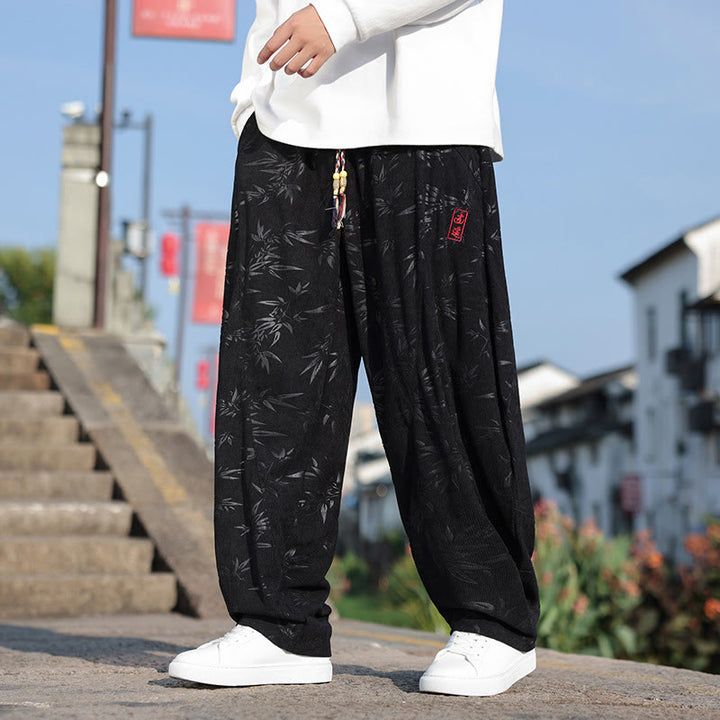 Pantalones casuales de algodón para hombre con bolsillos y hojas bordadas con Buddha Stones - Negro - US/UK/AU46, EU56 (5XL) - image 0