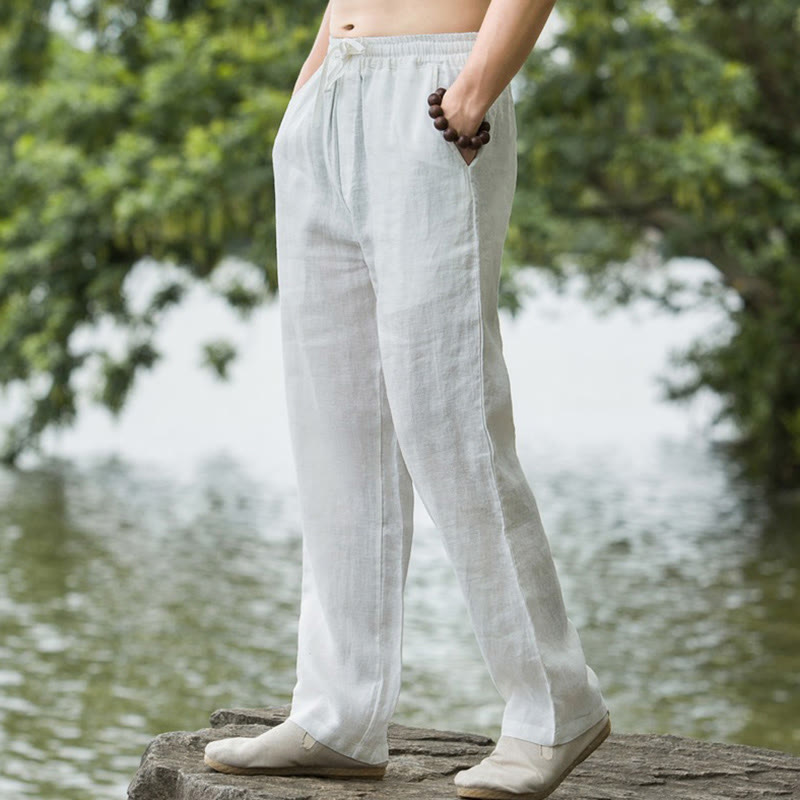 Pantalones anchos de lino y algodón de color liso con bolsillos para hombre Buddha Stones - Blanco - US/UK/AU50, EU60 (5XL) - image 14