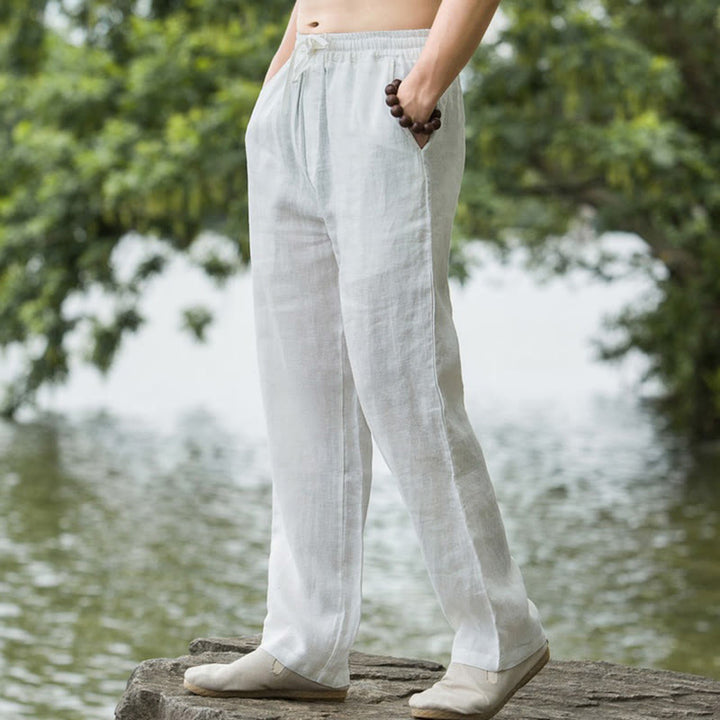 Pantalones anchos de lino y algodón de color liso con bolsillos para hombre Buddha Stones - Blanco - US/UK/AU50, EU60 (5XL) - image 14