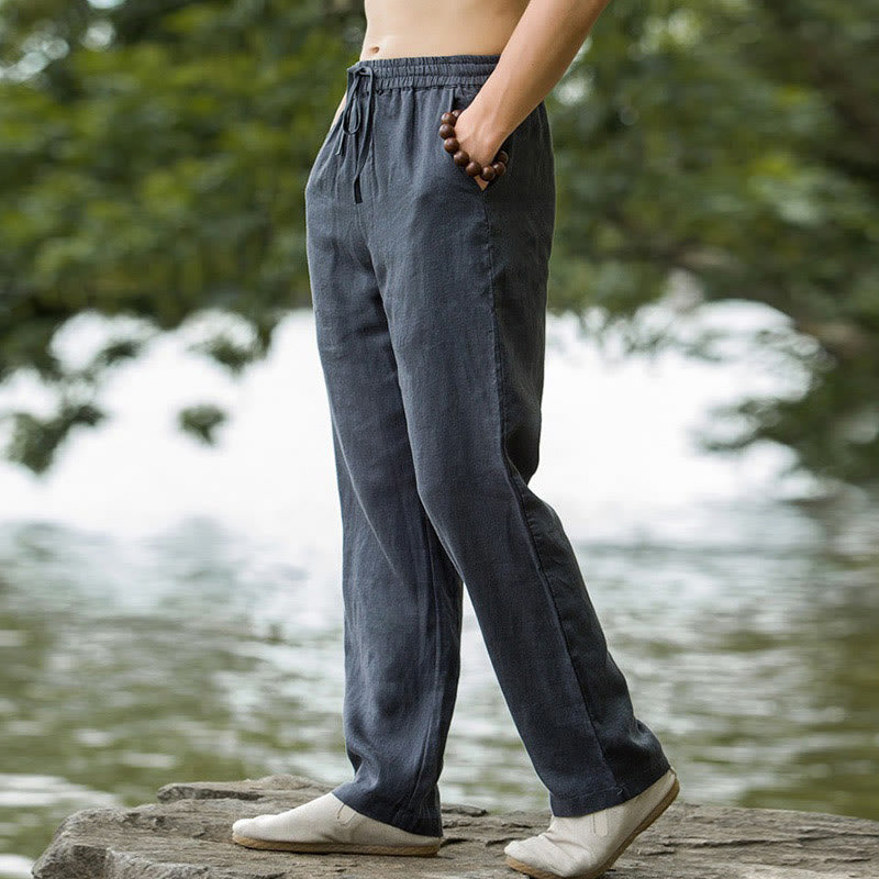 Pantalones anchos de lino y algodón de color liso con bolsillos para hombre Buddha Stones - image 13