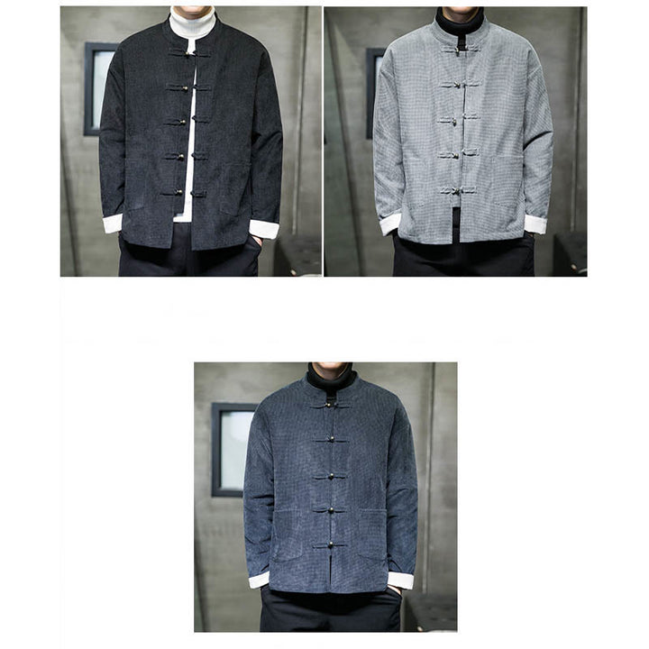 Chaqueta y camisa de algodón con botones de rana en color liso con Buddha Stones para hombre - image 16