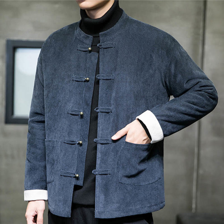 Chaqueta y camisa de algodón con botones de rana en color liso con Buddha Stones para hombre - image 13