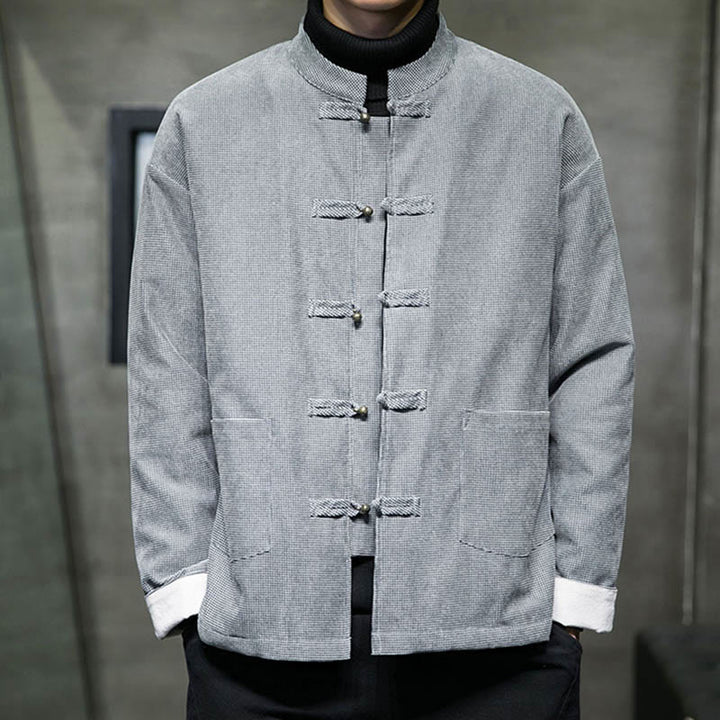 Chaqueta y camisa de algodón con botones de rana en color liso con Buddha Stones para hombre - Gris - US/UK/AU46, EU56 (5XL) - image 17