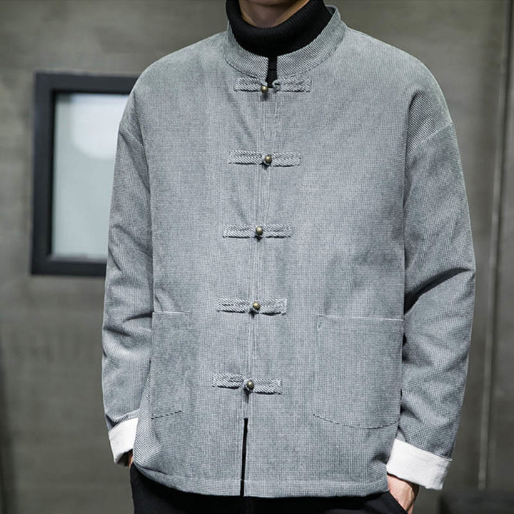 Chaqueta y camisa de algodón con botones de rana en color liso con Buddha Stones para hombre - image 18