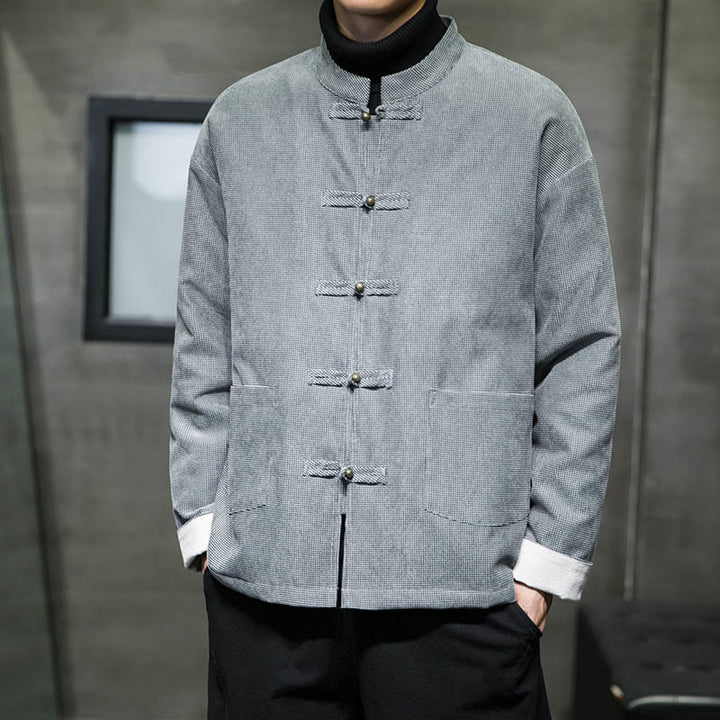 Chaqueta y camisa de algodón con botones de rana en color liso con Buddha Stones para hombre - image 19